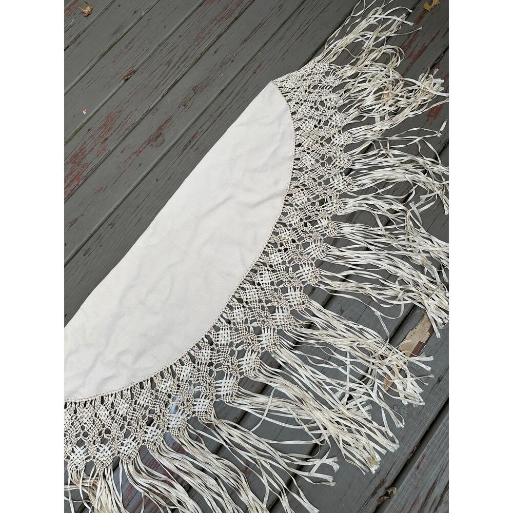 Vintage Piano Shawl Fringe Ivory cream Macrame wool button bohemian 40x29”